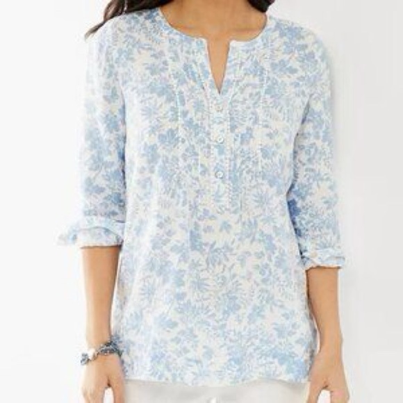 J. Jill Love Linen Pintuck Popover Blue and White Floral Tunic Blouse, MP - Picture 1 of 10